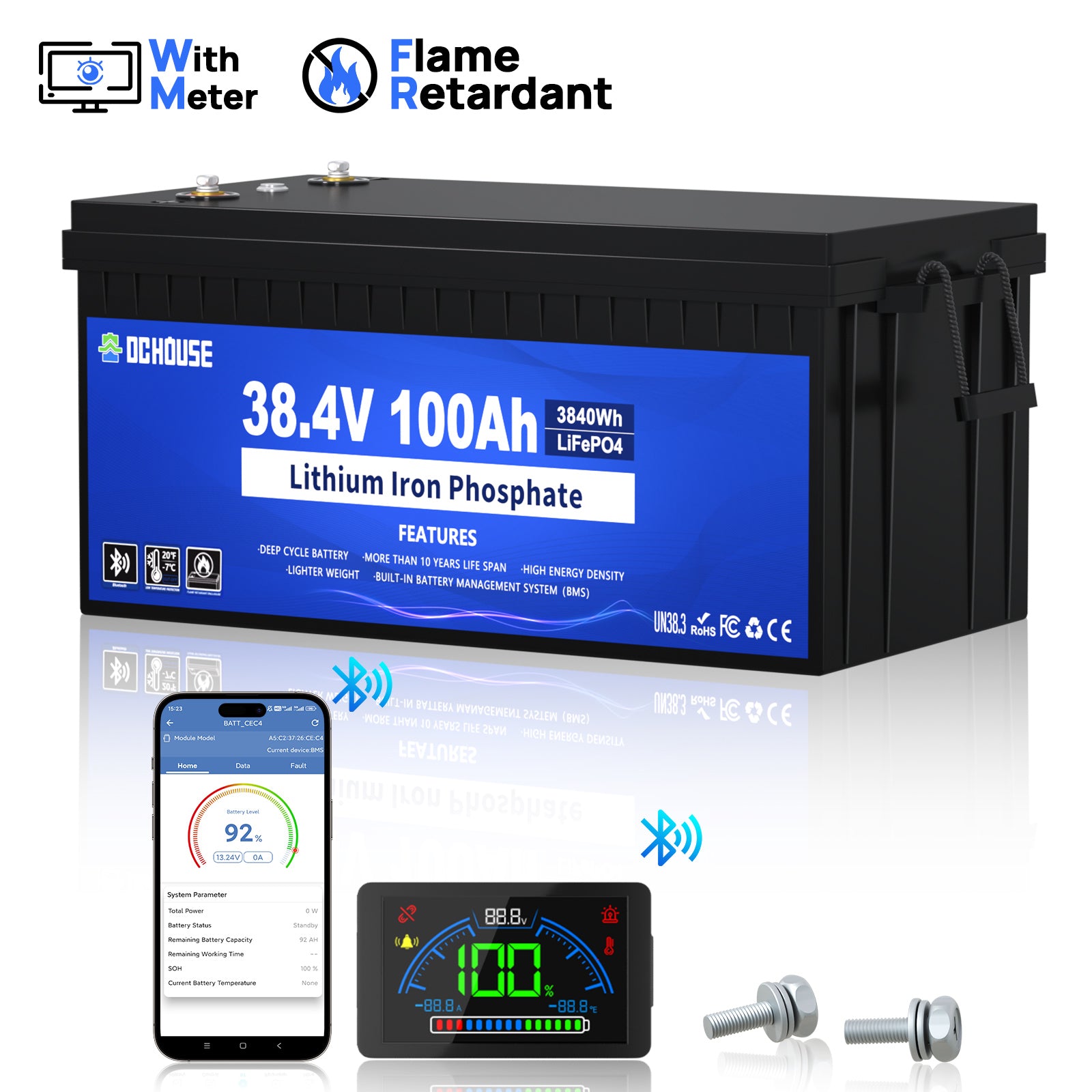 Batería LiFePO4 36V 100Ah 2.0 con Bluetooth, Carcasa de ABS Ignífuga y Cargador. Kit de Batería de Litio DC HOUSE 36V 100Ah para Carritos de Golf, RVs y Uso al Aire Libre