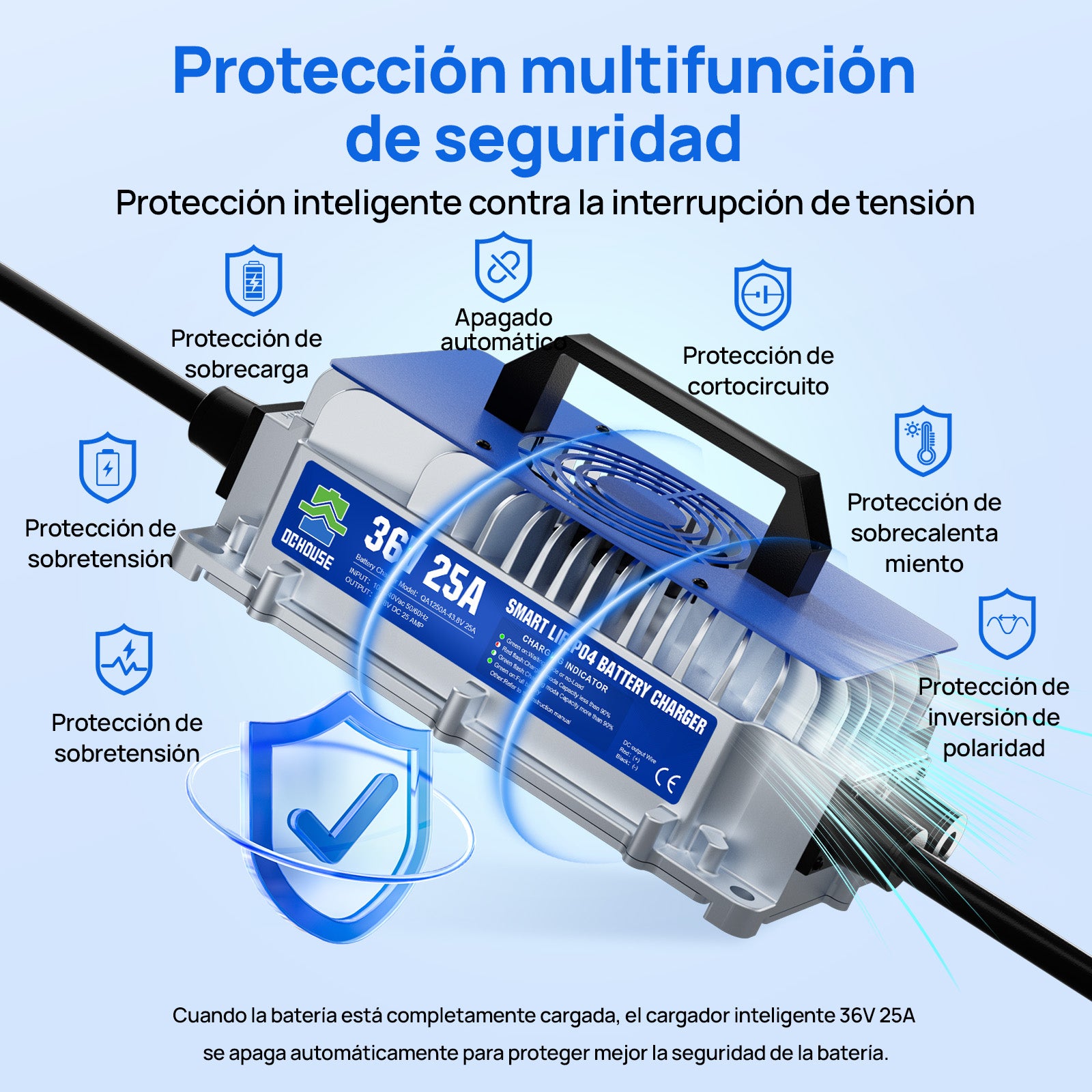 Cargador Portátil de Batería LiFePO4 36V 25A (CA a CC) | Para Sistemas de Litio de 48V