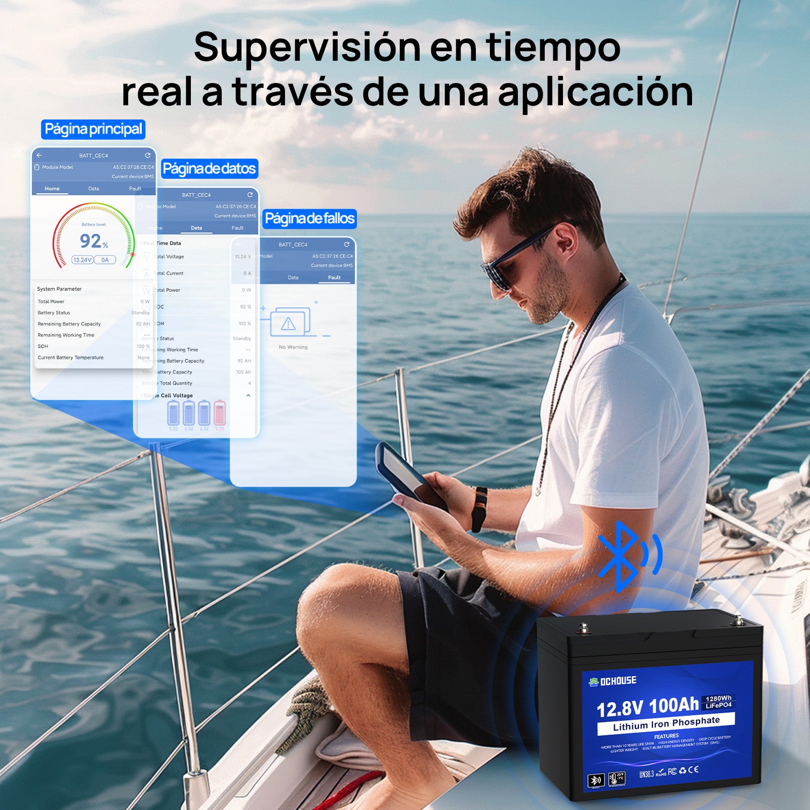 Batería de Ciclo Profundo LiFePO4 de 12V 100Ah con Bluetooth y Protección contra Bajas Temperaturas