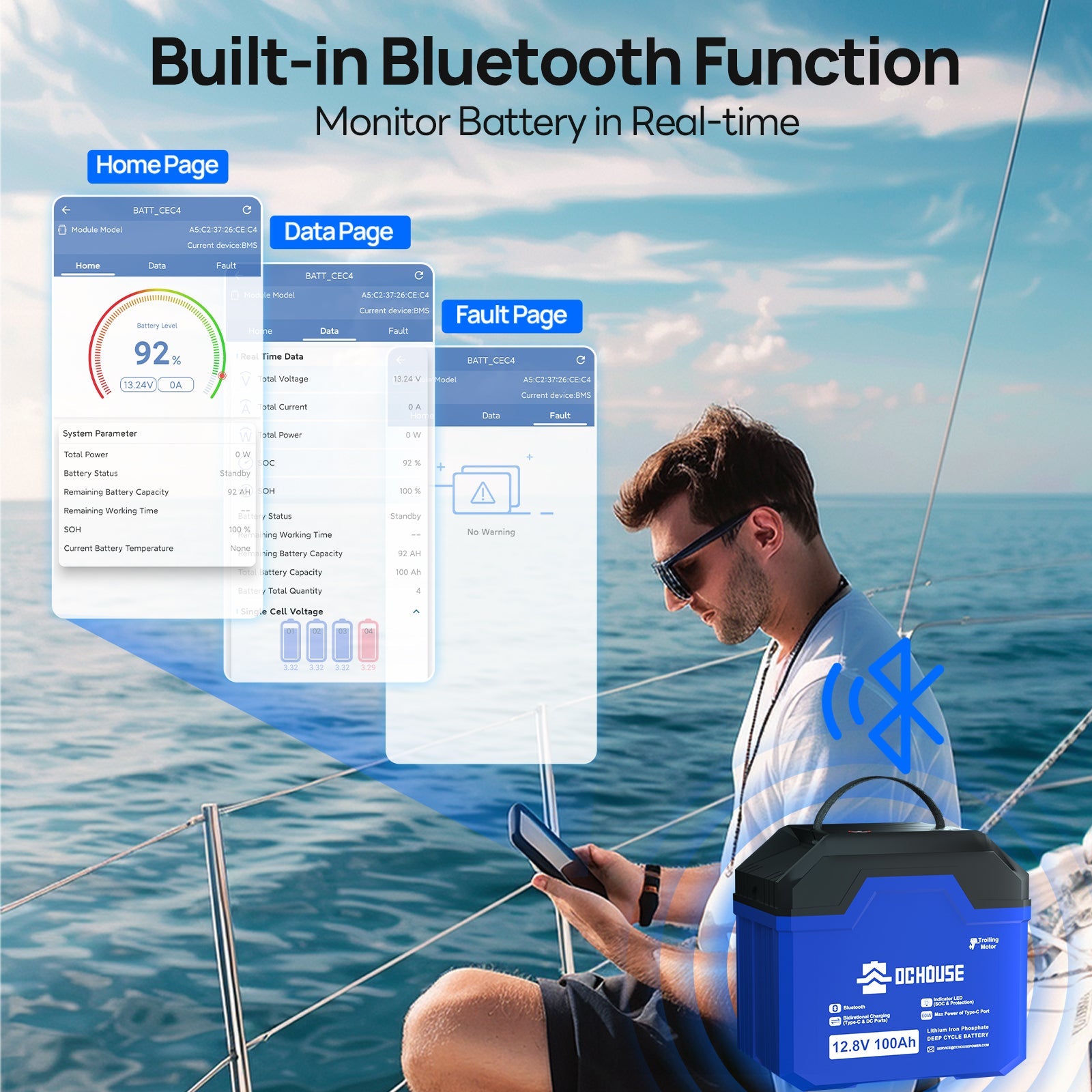 12V 100Ah 3.0 Portable Deep Cycle LiFePO4 Bluetooth & Low Temp Protection Battery