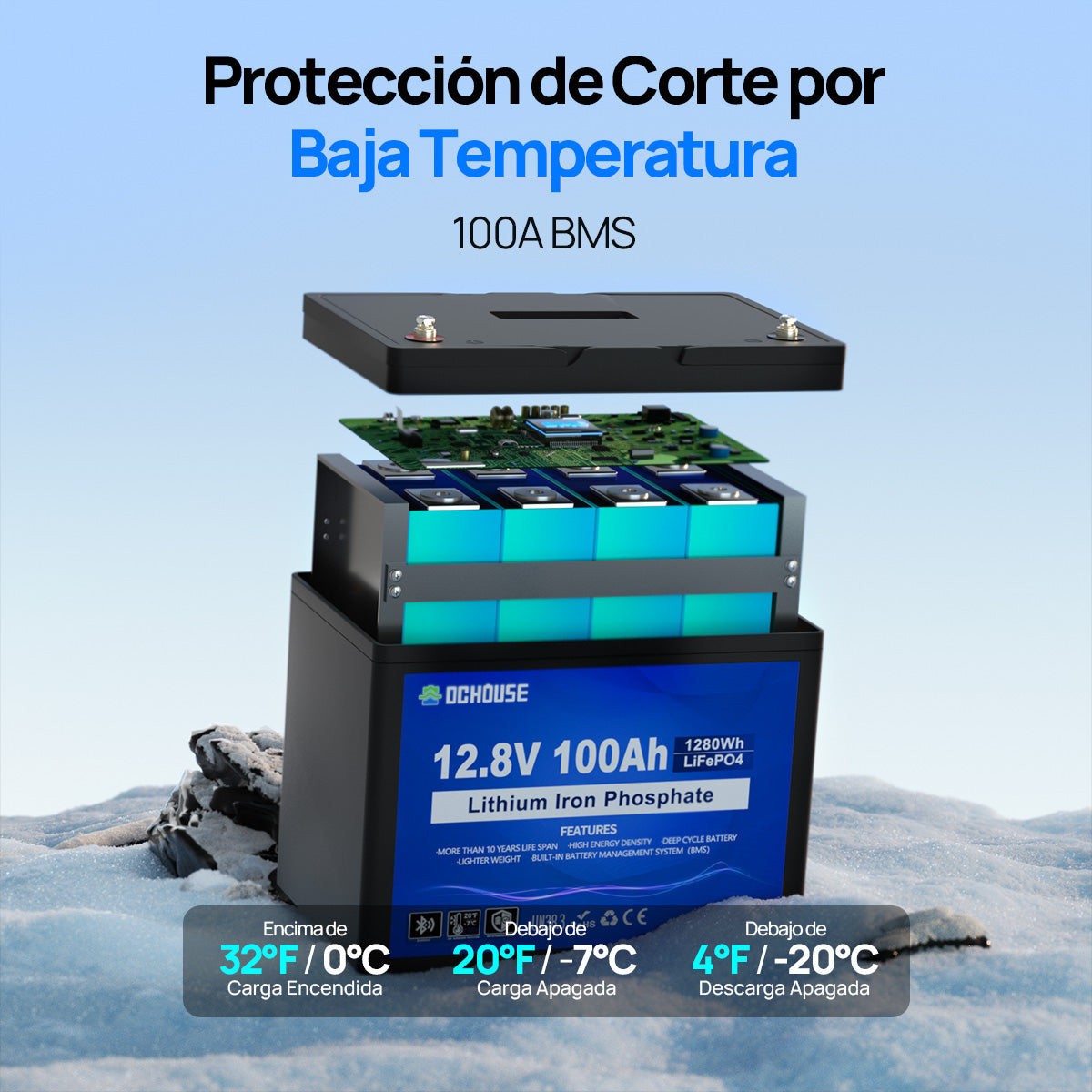 12V 100Ah con Bluetooth, Indicadores SOC y Protección contra Bajas Temperaturas