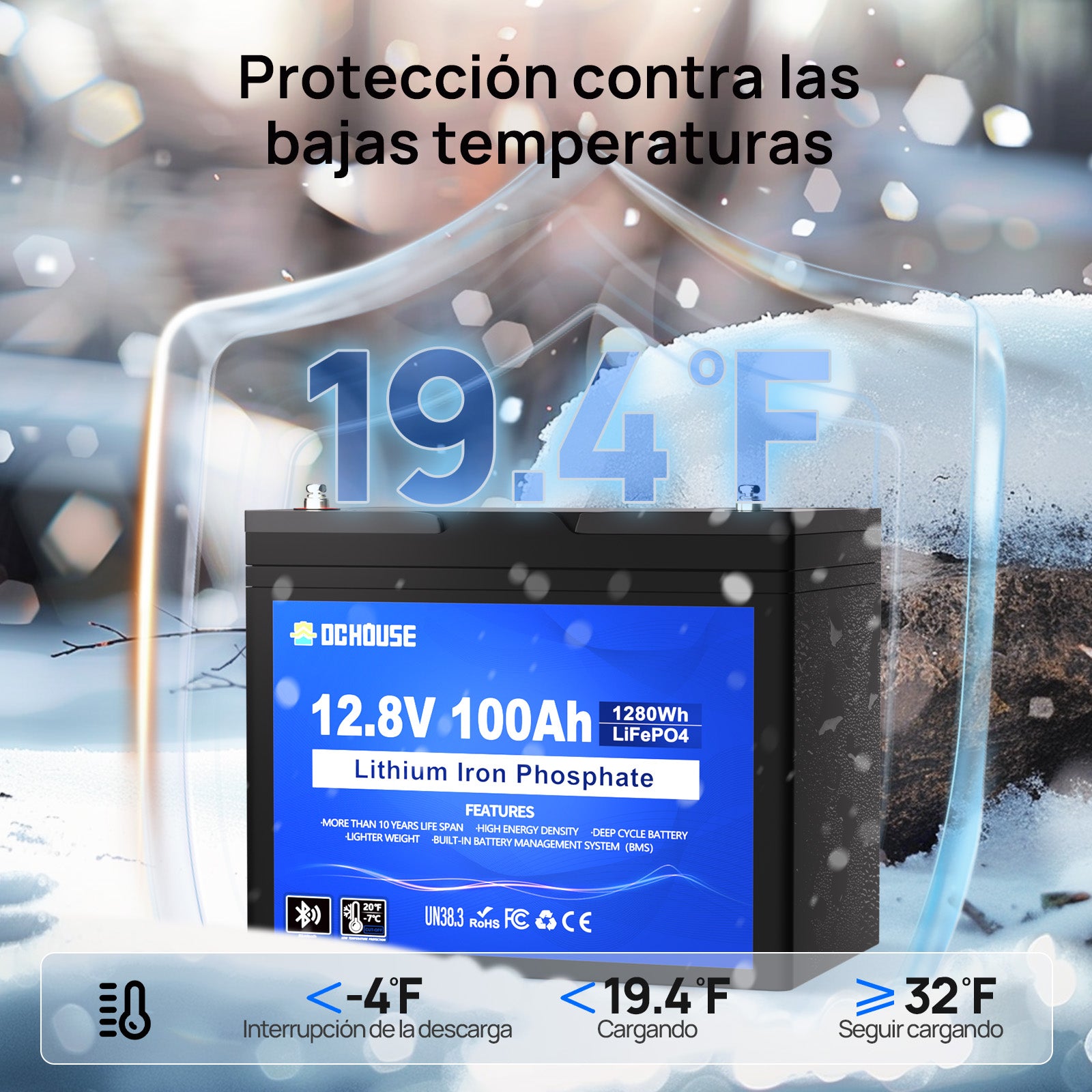 Batería de Ciclo Profundo LiFePO4 de 12V 100Ah con Bluetooth y Protección contra Bajas Temperaturas