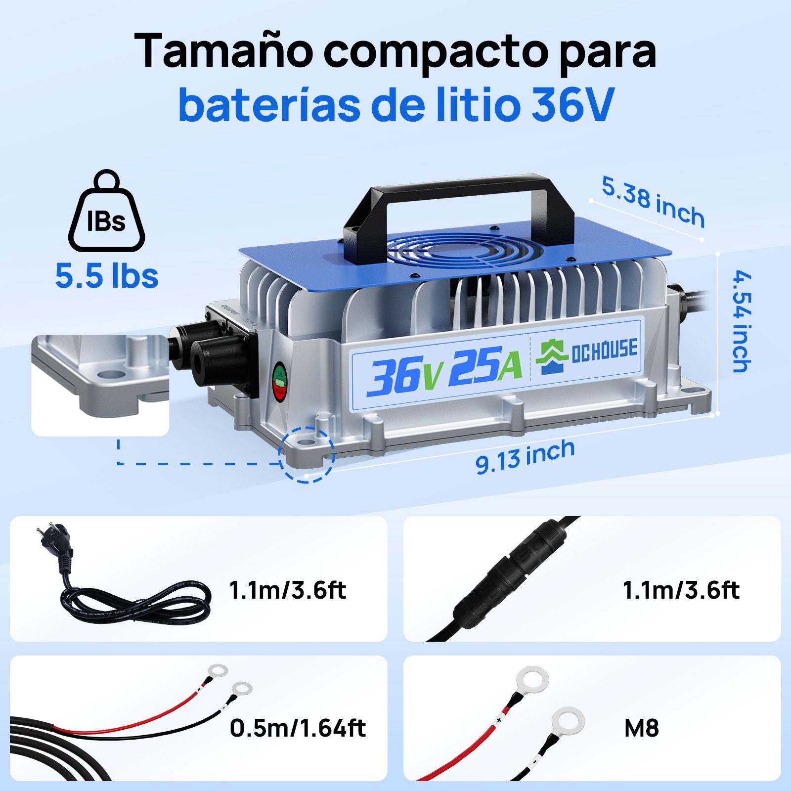 Cargador Portátil de Batería LiFePO4 36V 25A (CA a CC) | Para Sistemas de Litio de 48V