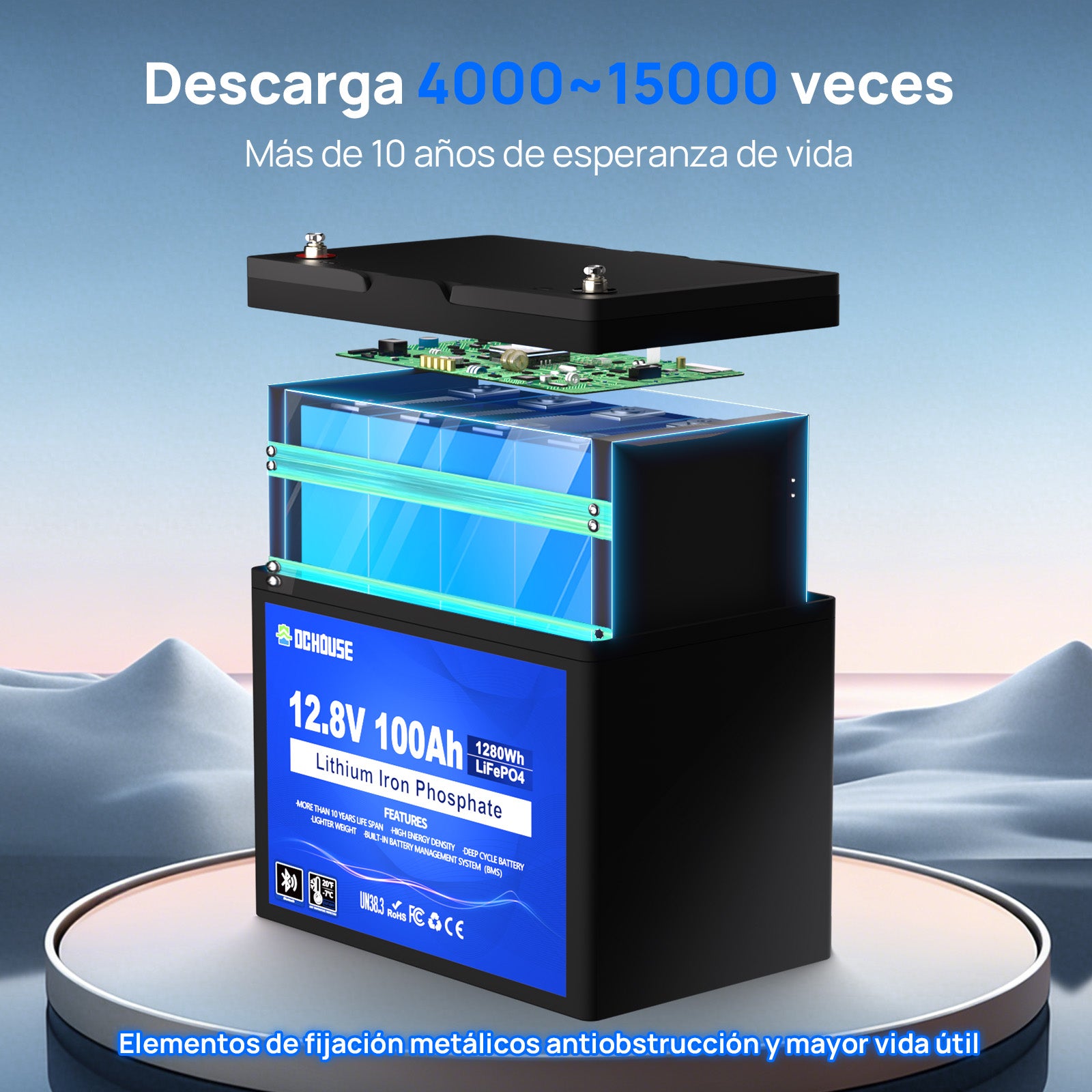 Batería de Ciclo Profundo LiFePO4 de 12V 100Ah con Bluetooth y Protección contra Bajas Temperaturas