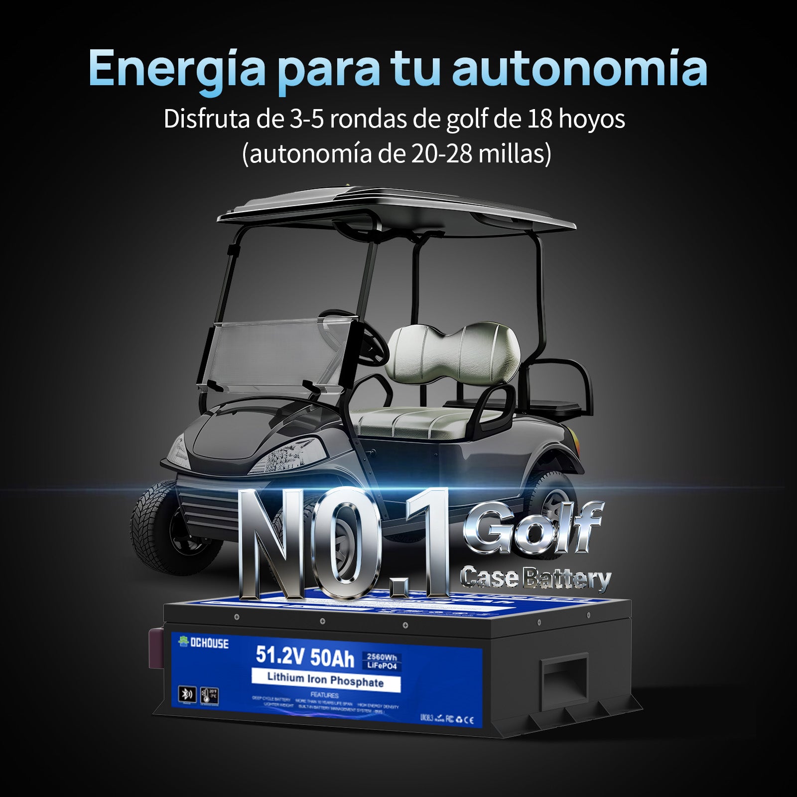 DC HOUSE Batería LiFePO4 Premium 48V 50Ah con Carcasa Metálica y Cargador - Ideal para Carritos de Golf