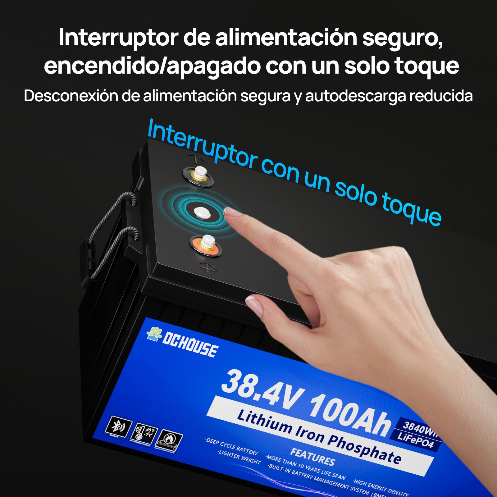 Batería LiFePO4 36V 100Ah 2.0 con Bluetooth, Carcasa de ABS Ignífuga y Cargador. Kit de Batería de Litio DC HOUSE 36V 100Ah para Carritos de Golf, RVs y Uso al Aire Libre