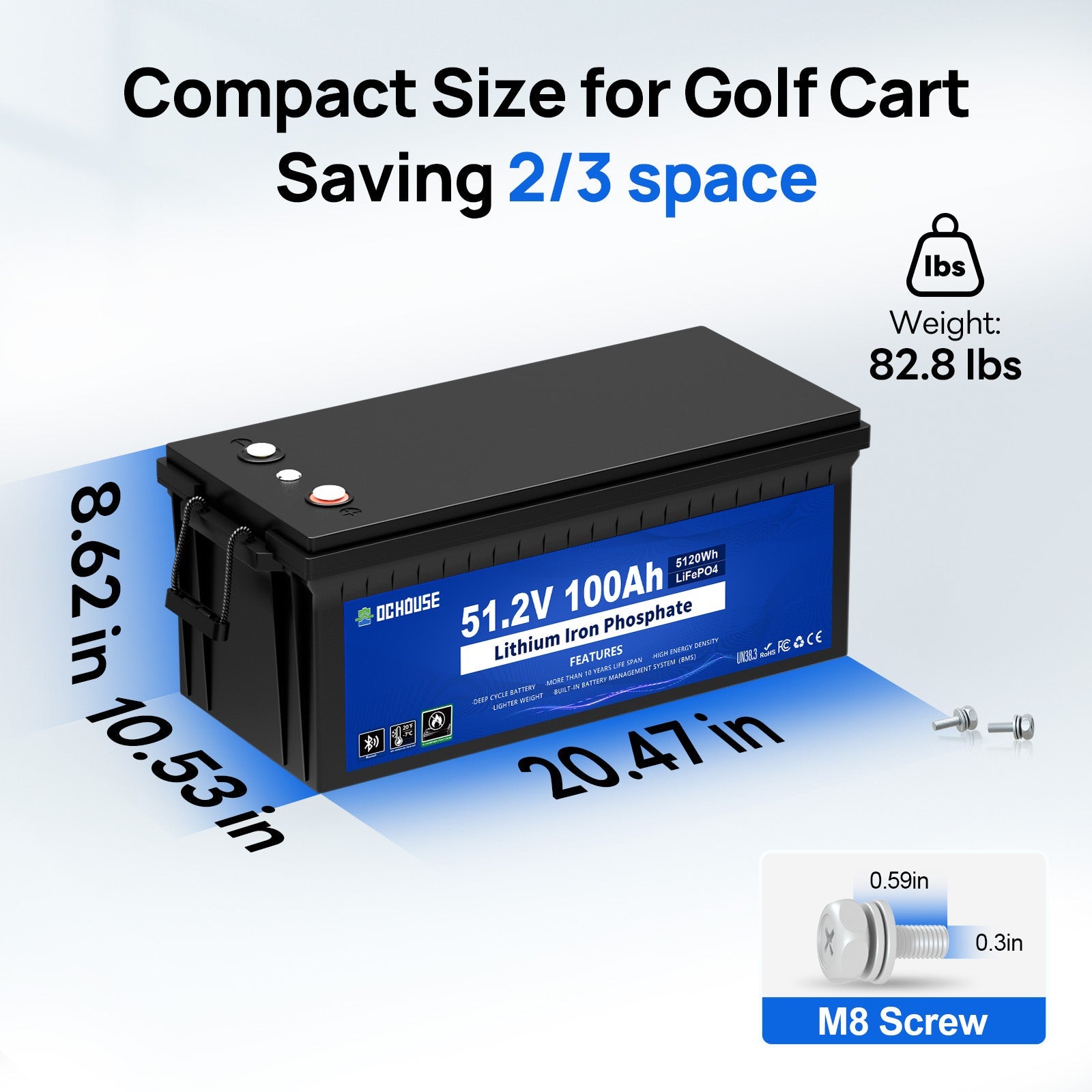 DC HOUSE Smart 48V 100Ah LiFePO4 ABS Plastic Battery with Charger - Bluetooth & LCD Monitoring for Golf Carts