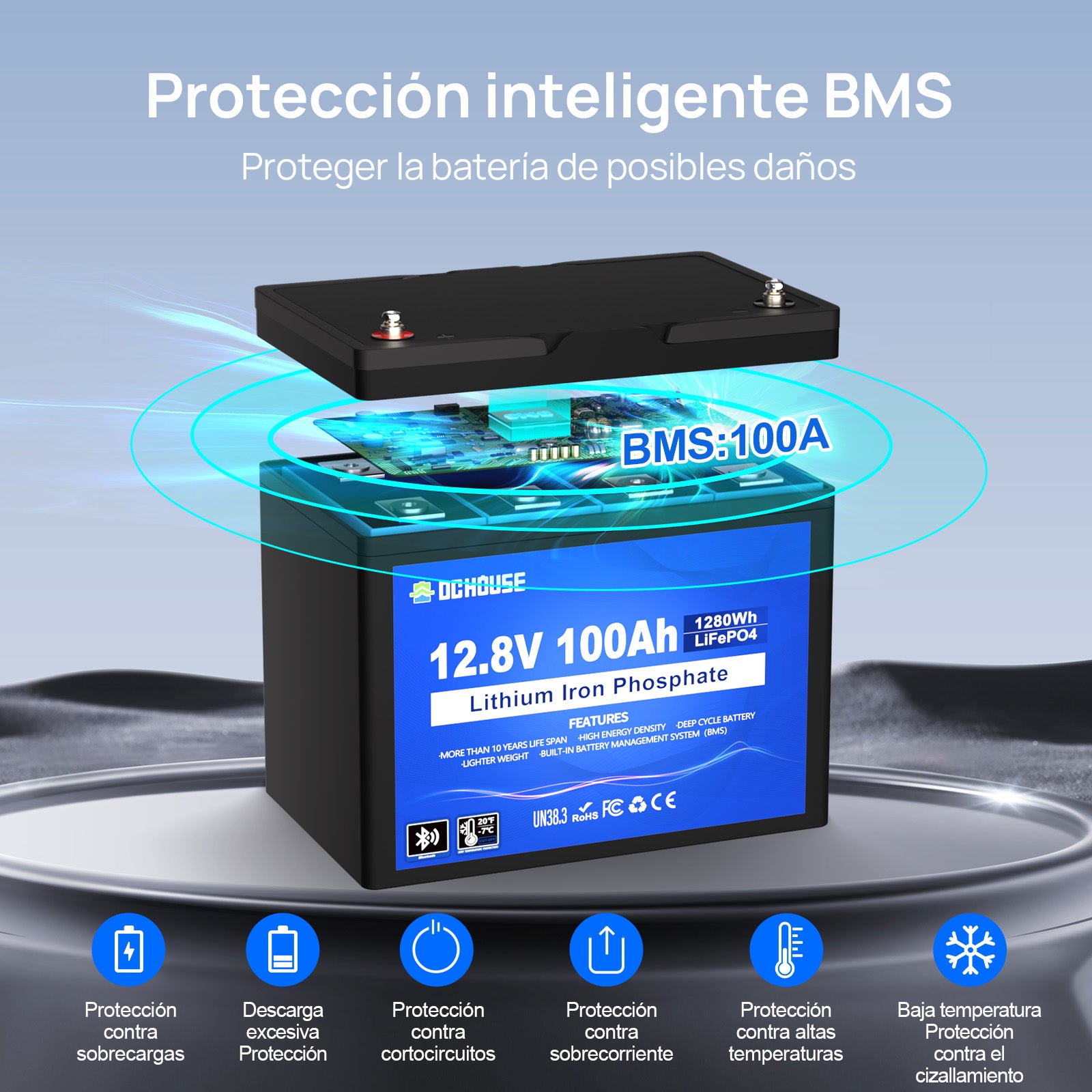 Batería de Ciclo Profundo LiFePO4 de 12V 100Ah con Bluetooth y Protección contra Bajas Temperaturas
