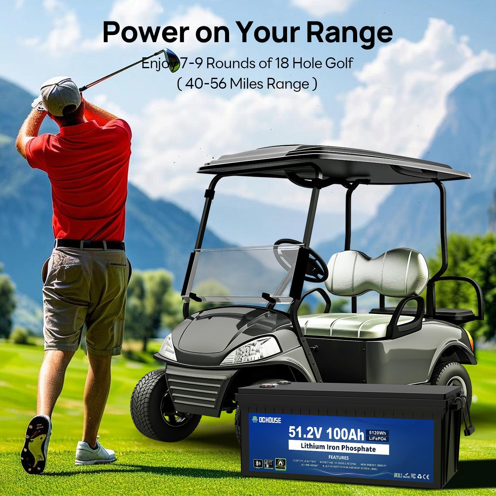 DC HOUSE Smart 48V 100Ah LiFePO4 ABS Plastic Battery with Charger - Bluetooth & LCD Monitoring for Golf Carts