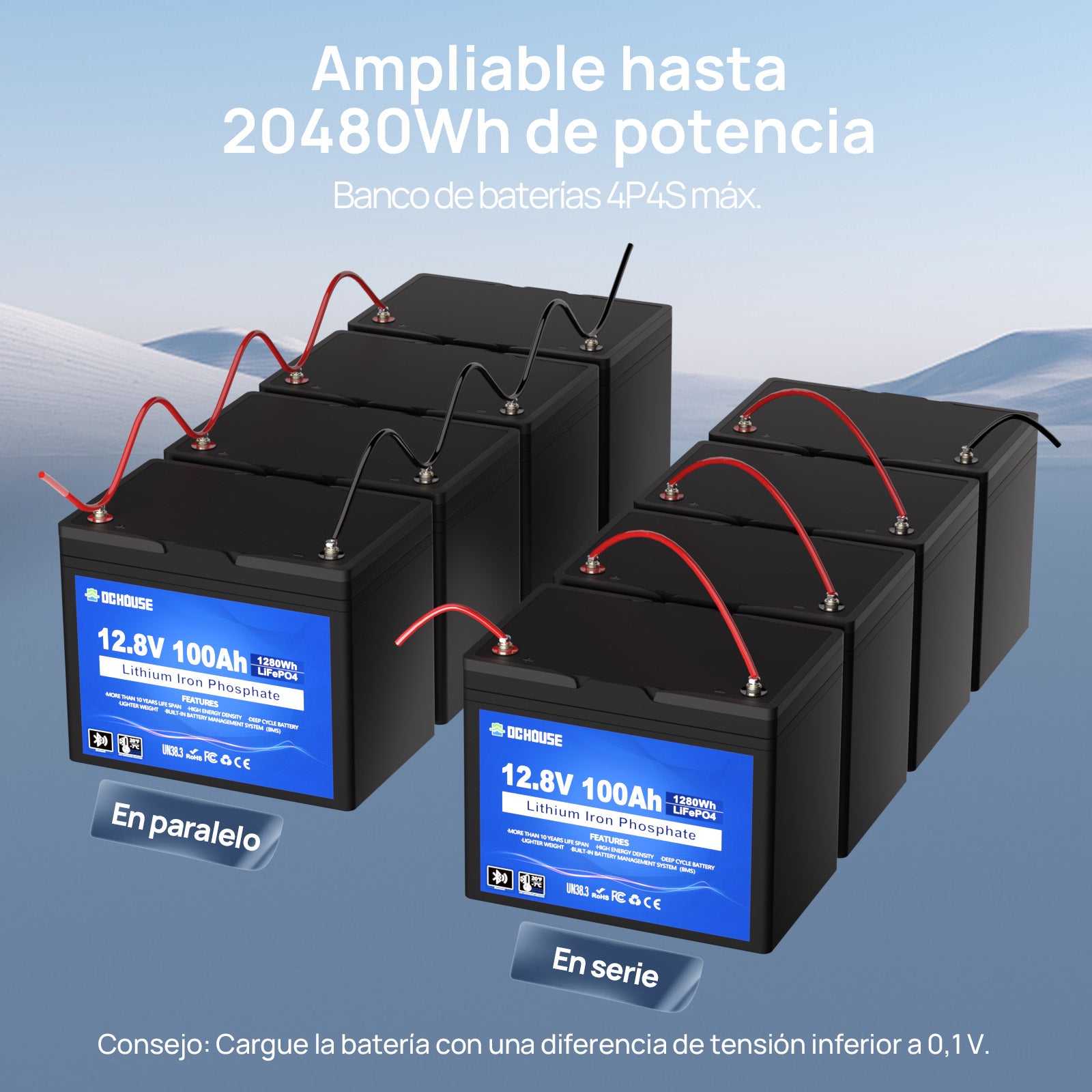 Batería de Ciclo Profundo LiFePO4 de 12V 100Ah con Bluetooth y Protección contra Bajas Temperaturas