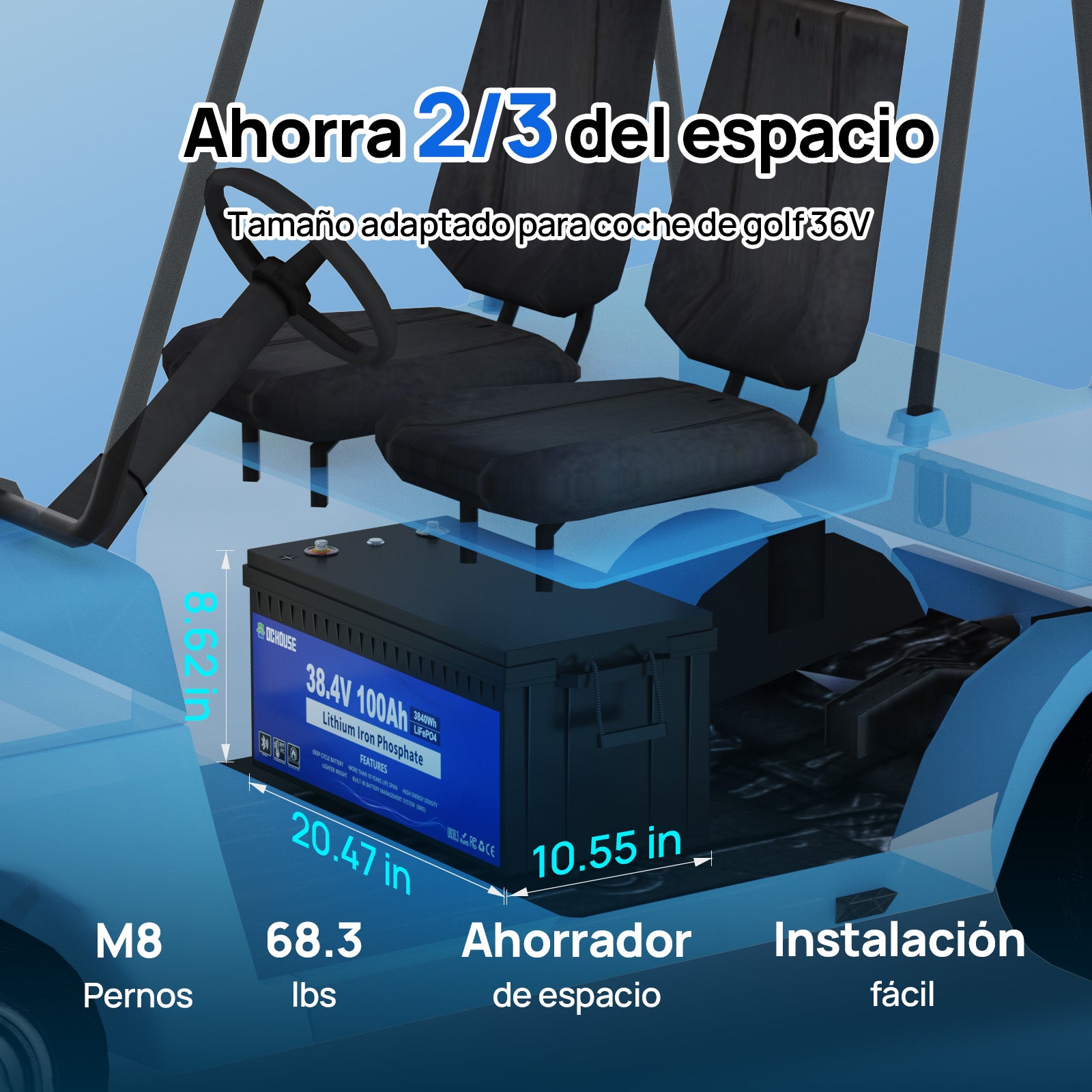 Batería LiFePO4 36V 100Ah 2.0 con Bluetooth, Carcasa de ABS Ignífuga y Cargador. Kit de Batería de Litio DC HOUSE 36V 100Ah para Carritos de Golf, RVs y Uso al Aire Libre