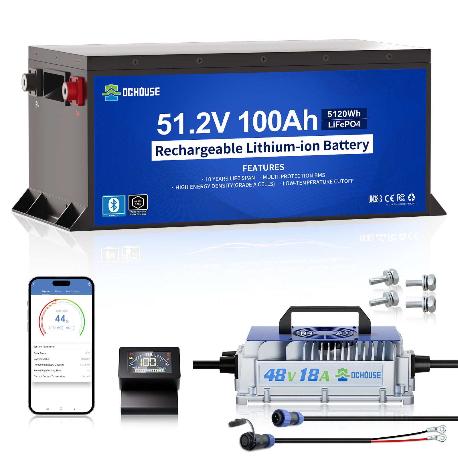 [Plazo de tramitación: 5 días]DC HOUSE Batería Confiable LiFePO4 de 48V 100Ah con Carcasa de Metal y Cargador - Ideal para Carritos de Golf