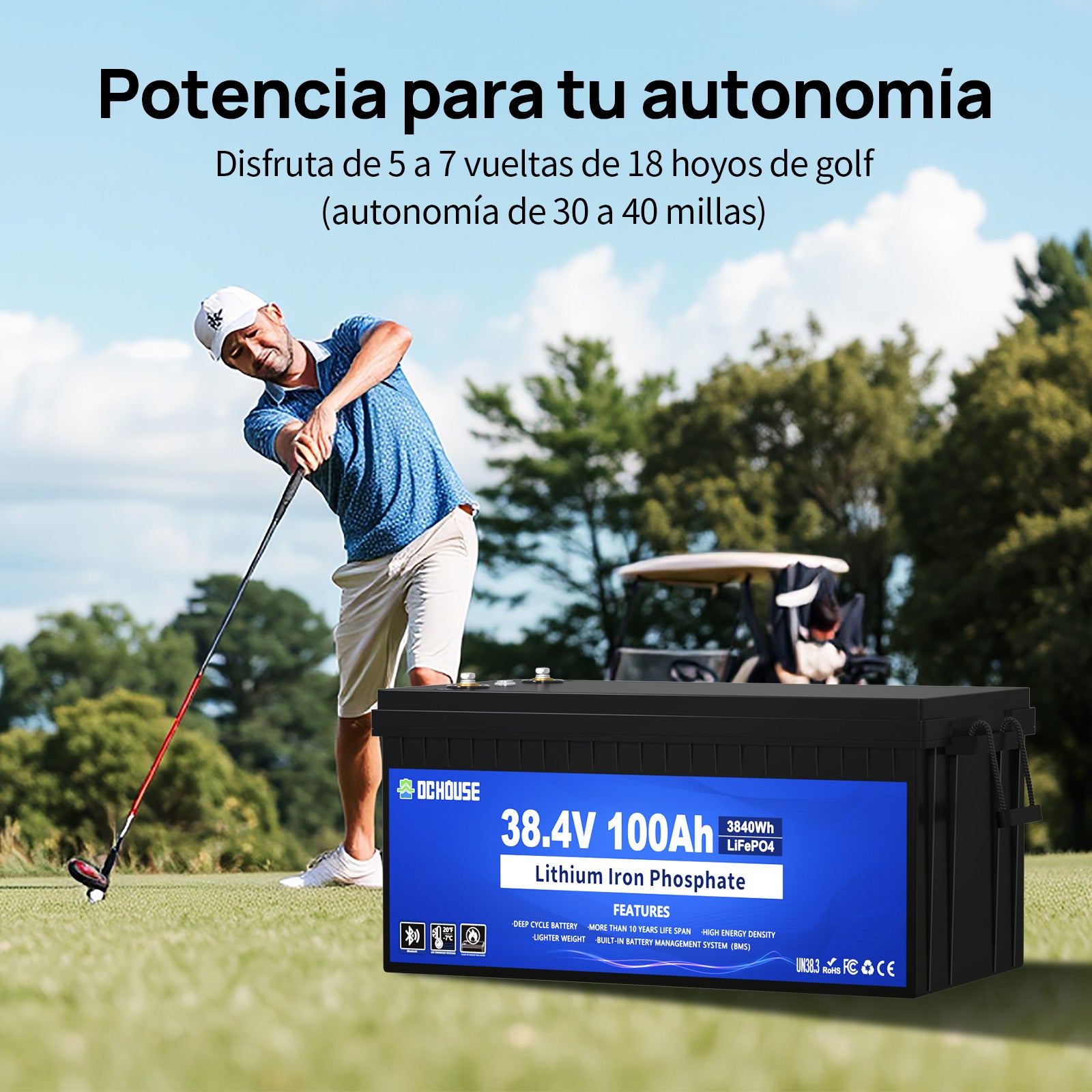 Batería LiFePO4 36V 100Ah 2.0 con Bluetooth, Carcasa de ABS Ignífuga y Cargador. Kit de Batería de Litio DC HOUSE 36V 100Ah para Carritos de Golf, RVs y Uso al Aire Libre