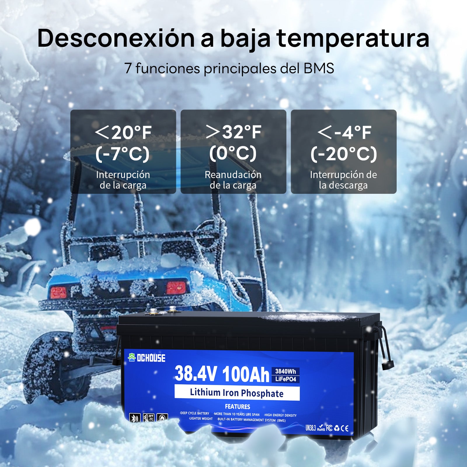 Batería LiFePO4 36V 100Ah 2.0 con Bluetooth, Carcasa de ABS Ignífuga y Cargador. Kit de Batería de Litio DC HOUSE 36V 100Ah para Carritos de Golf, RVs y Uso al Aire Libre