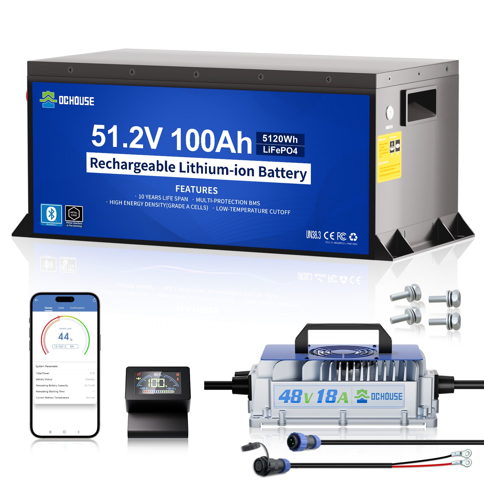 [Plazo de tramitación: 5 días]DC HOUSE Batería Confiable LiFePO4 de 48V 100Ah con Carcasa de Metal y Cargador - Ideal para Carritos de Golf