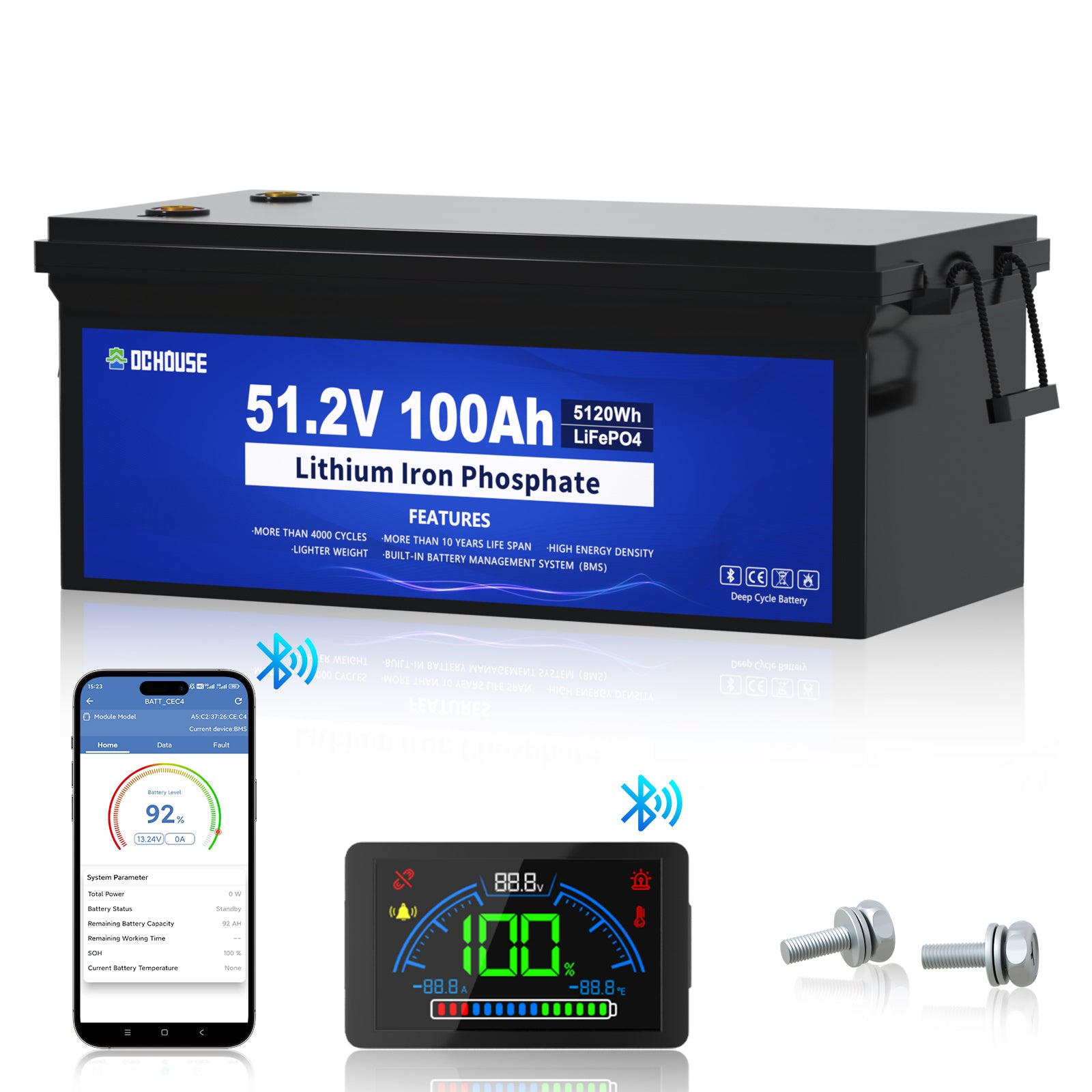 DC HOUSE Smart 48V 100Ah LiFePO4 ABS Plastic Battery - Bluetooth & LCD Monitoring for Golf Carts (No Charger)
