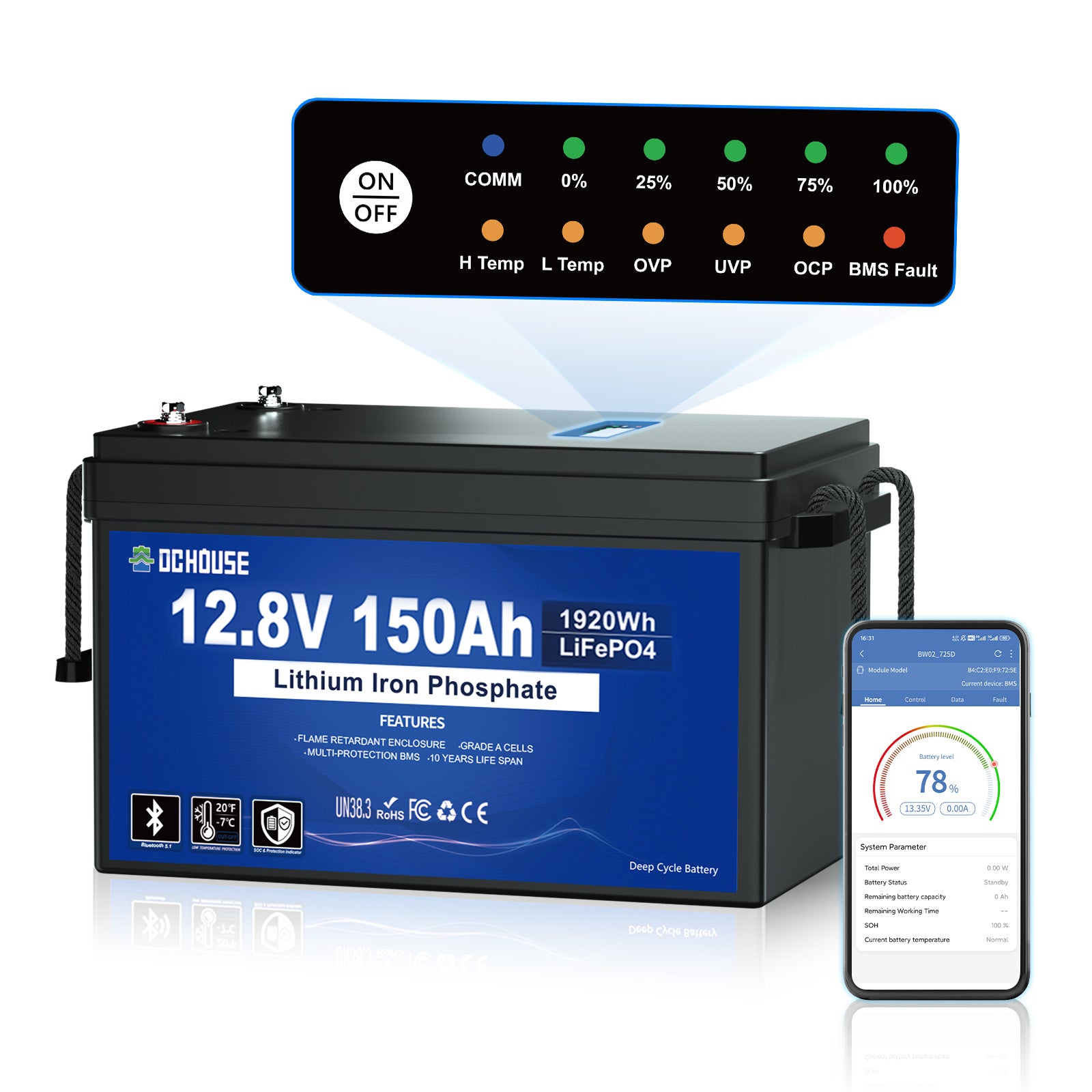 12V 150Ah con Bluetooth, Indicadores SOC y Protección contra Bajas Temperaturas