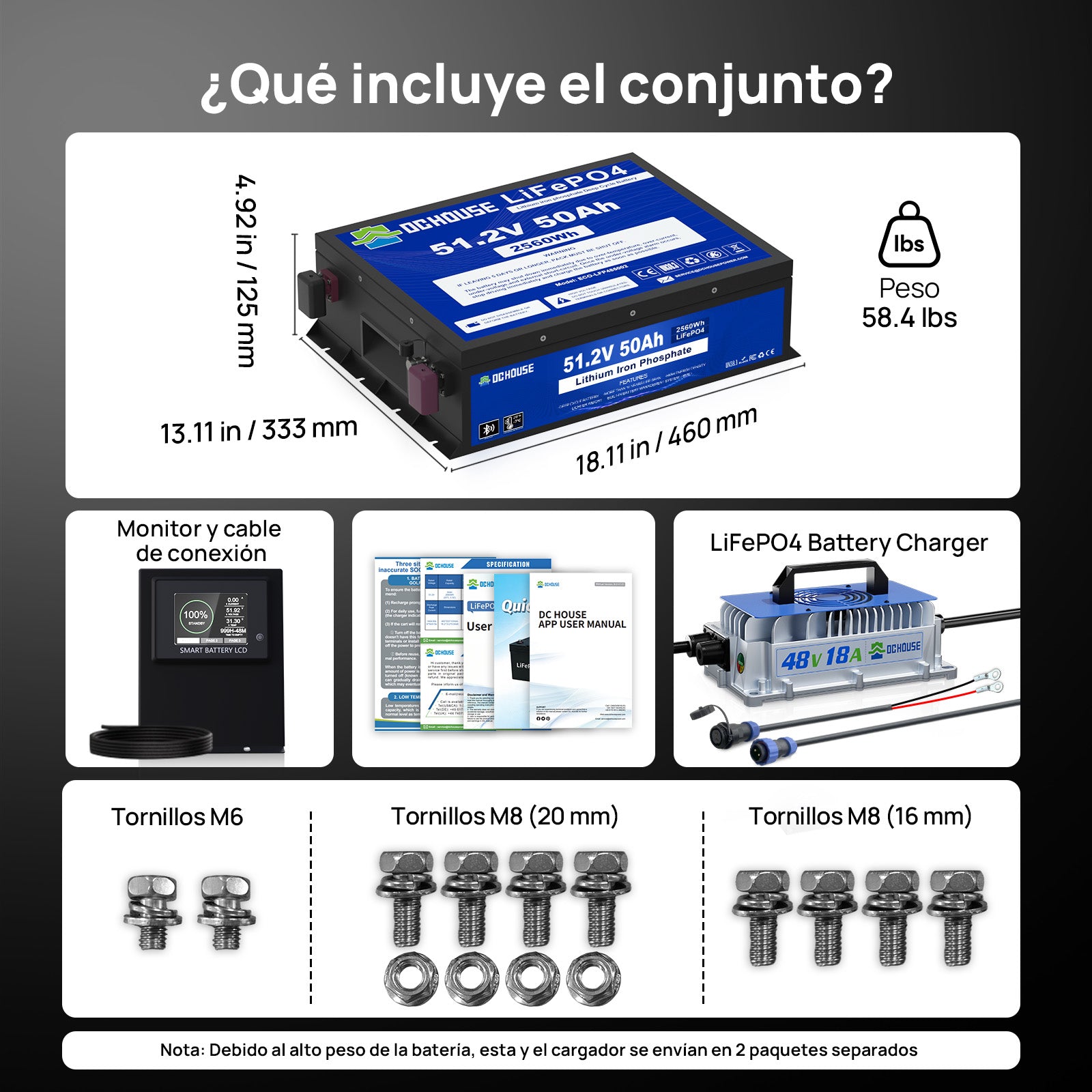 DC HOUSE Batería LiFePO4 Premium 48V 50Ah con Carcasa Metálica y Cargador - Ideal para Carritos de Golf