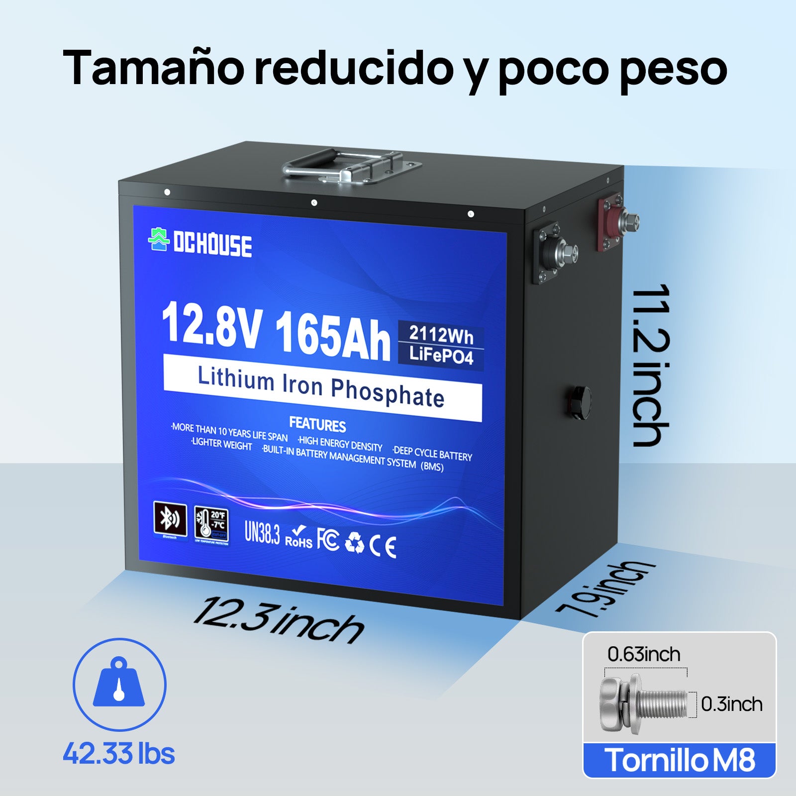 Batería de Litio LiFePO4 12V 165Ah de Ciclo Profundo con Bluetooth y Protección contra Bajas Temperaturas