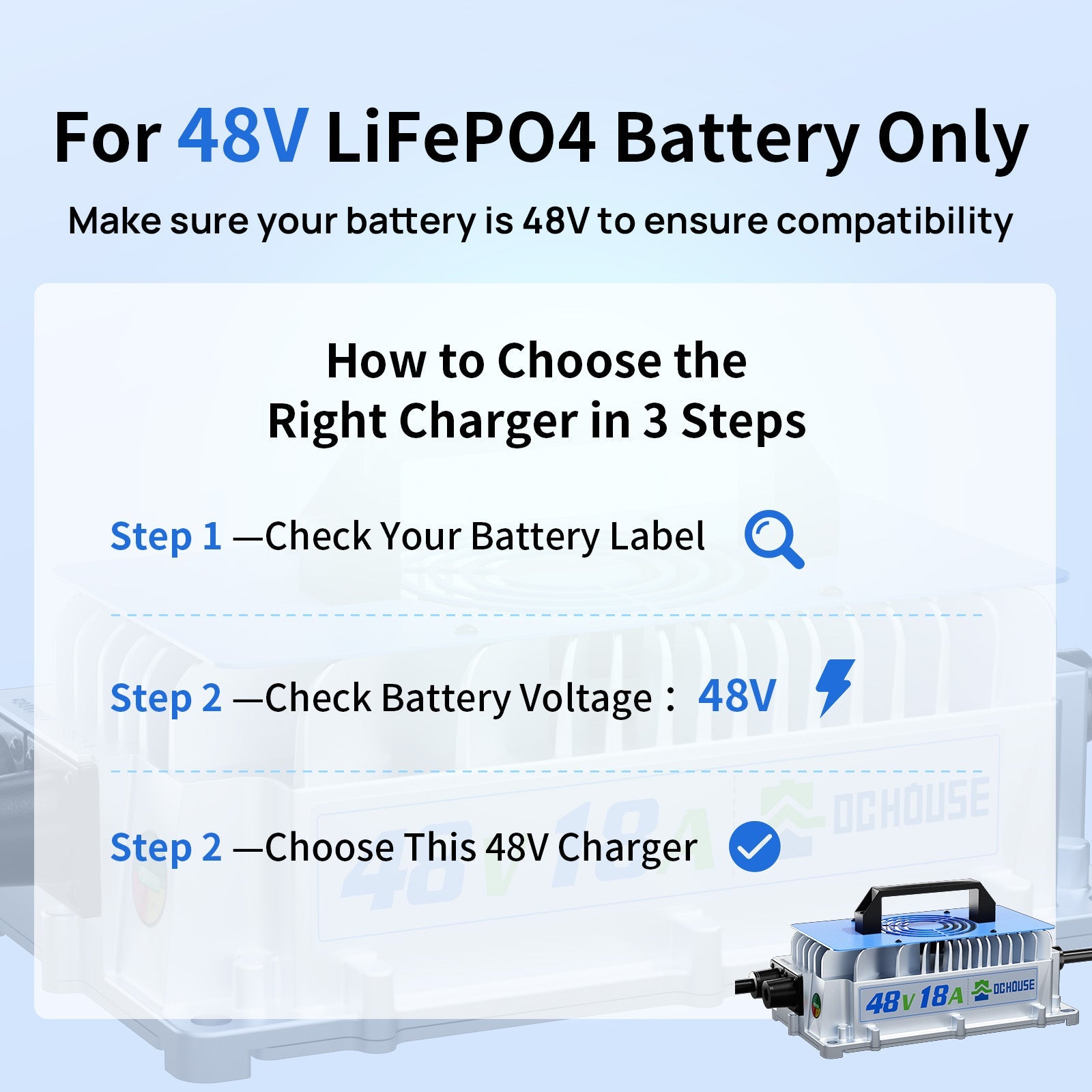 48V 18A AC-to-DC LiFePO4 Portable Battery Charger