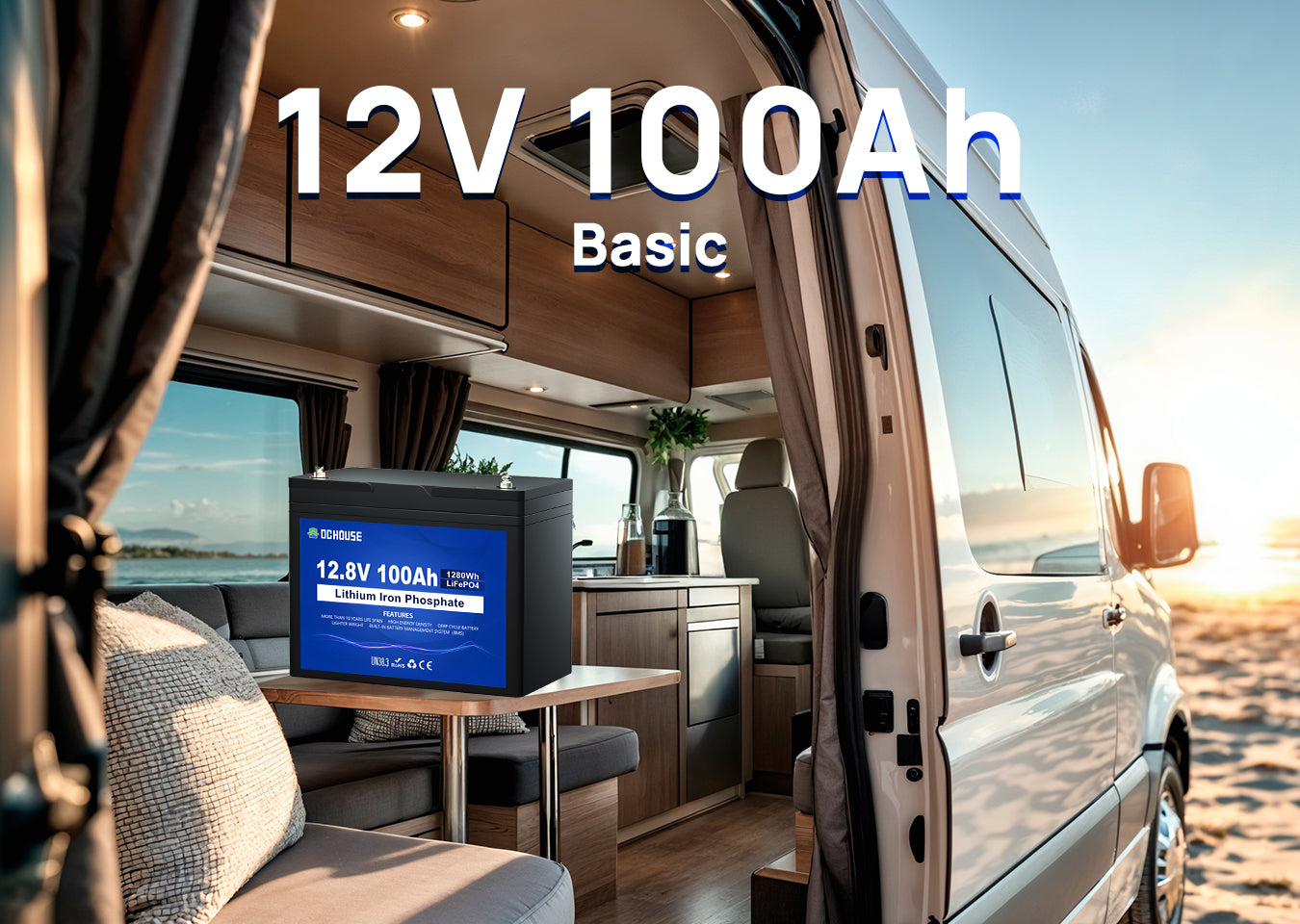 12V 100Ah LiFePO4 battery basic model, compact and lightweight design, ideal for RV, camping, and solar energy storage.