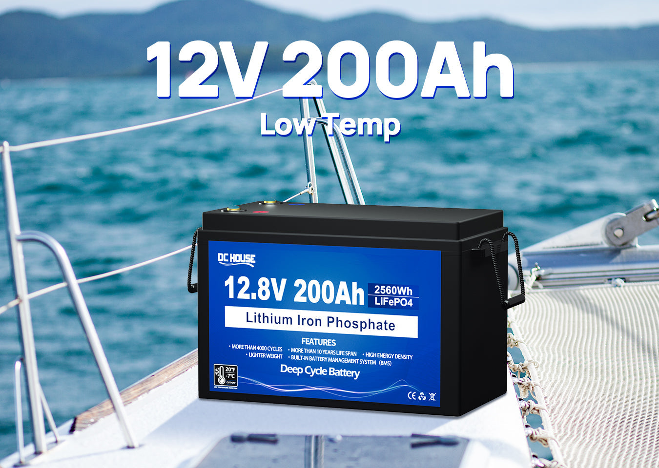 High-capacity 12V 200Ah LiFePO4 battery with low temperature cut-off, perfect for trolling motor performance in cold weather conditions