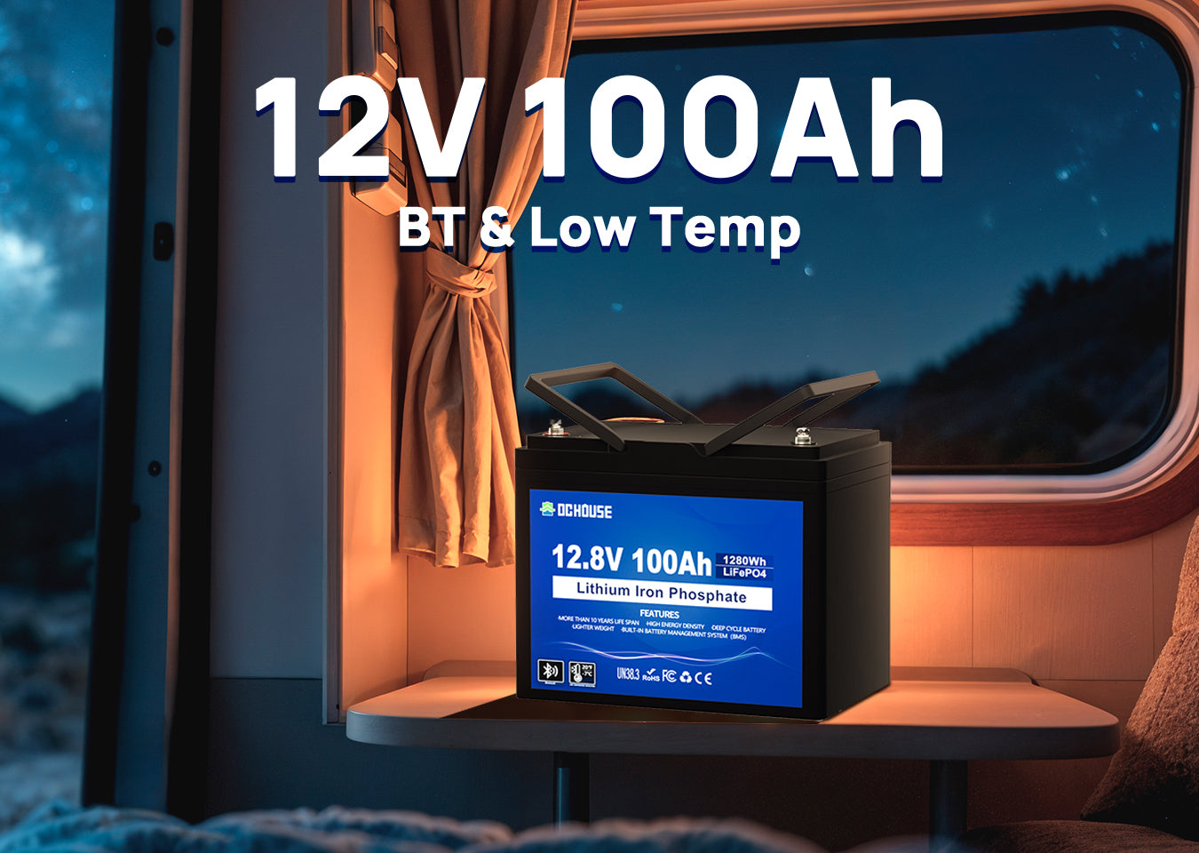 12V 100Ah LiFePO4 battery featuring low-temperature heating and Bluetooth app monitoring, ideal for cold weather RV and outdoor use.