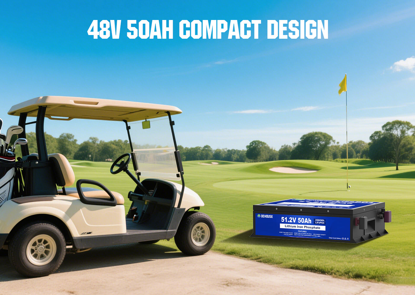 48V 50Ah LiFePO4 battery with 2C discharge, 100A continuous current, metal case, LCD screen, and Grade A cells for golf carts and lawn mowers