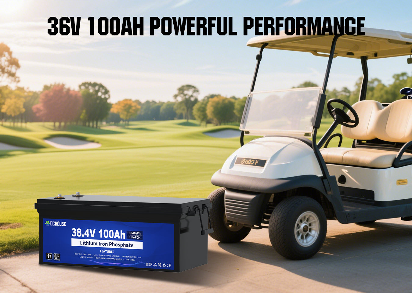 36V 100Ah LiFePO4 battery with low temperature protection, Bluetooth, LCD monitor, and 150A continuous current for golf carts