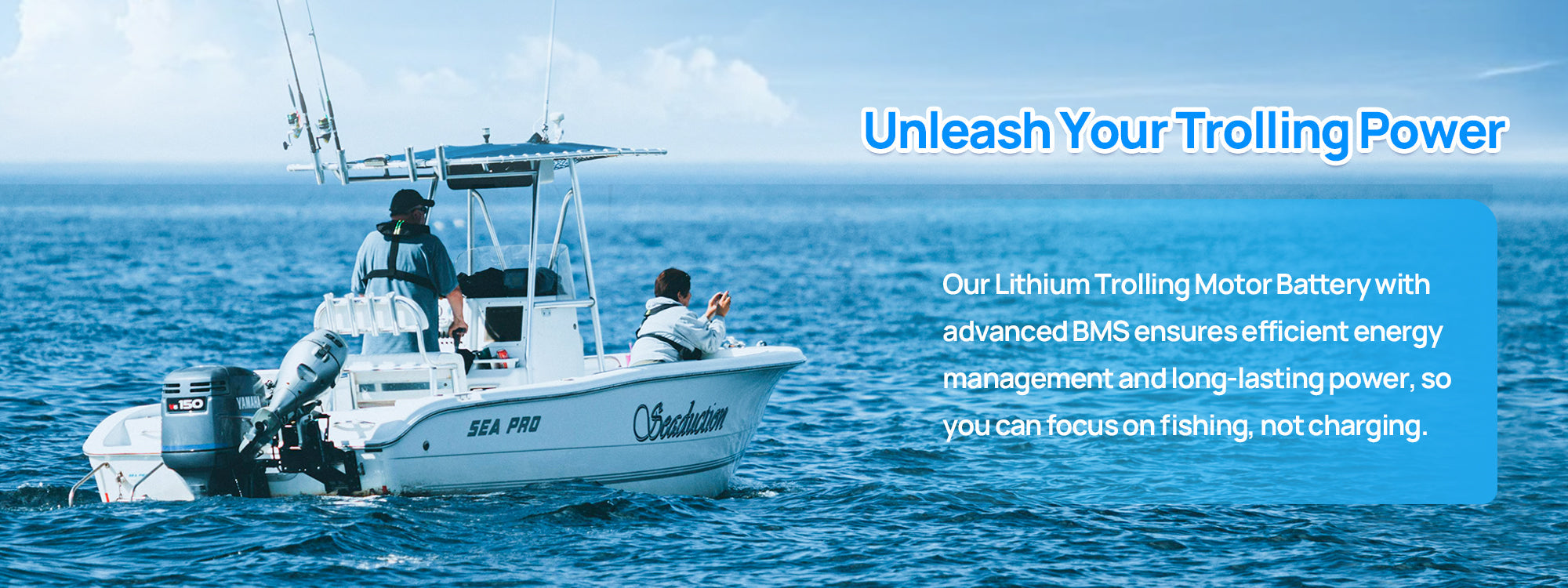 DC HOUSE LiFePO4 battery powering a trolling motor on a fishing boat, designed for extended run time and reliable marine use