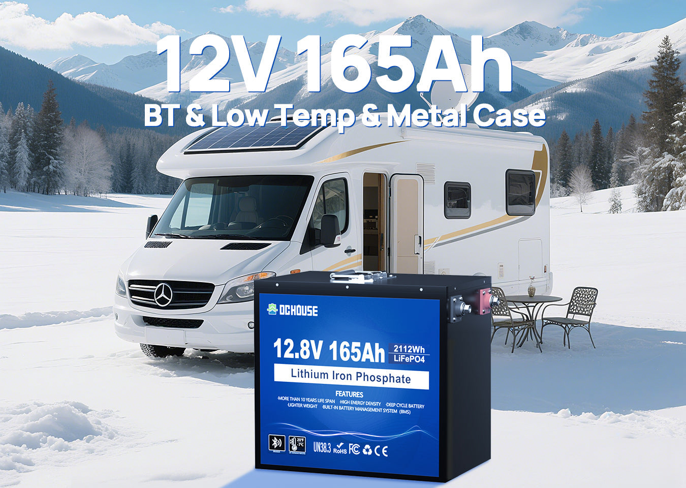 12V 165Ah LiFePO4 battery featuring low-temperature heating, Bluetooth monitoring, and durable metal casing for enhanced protection and longevity.