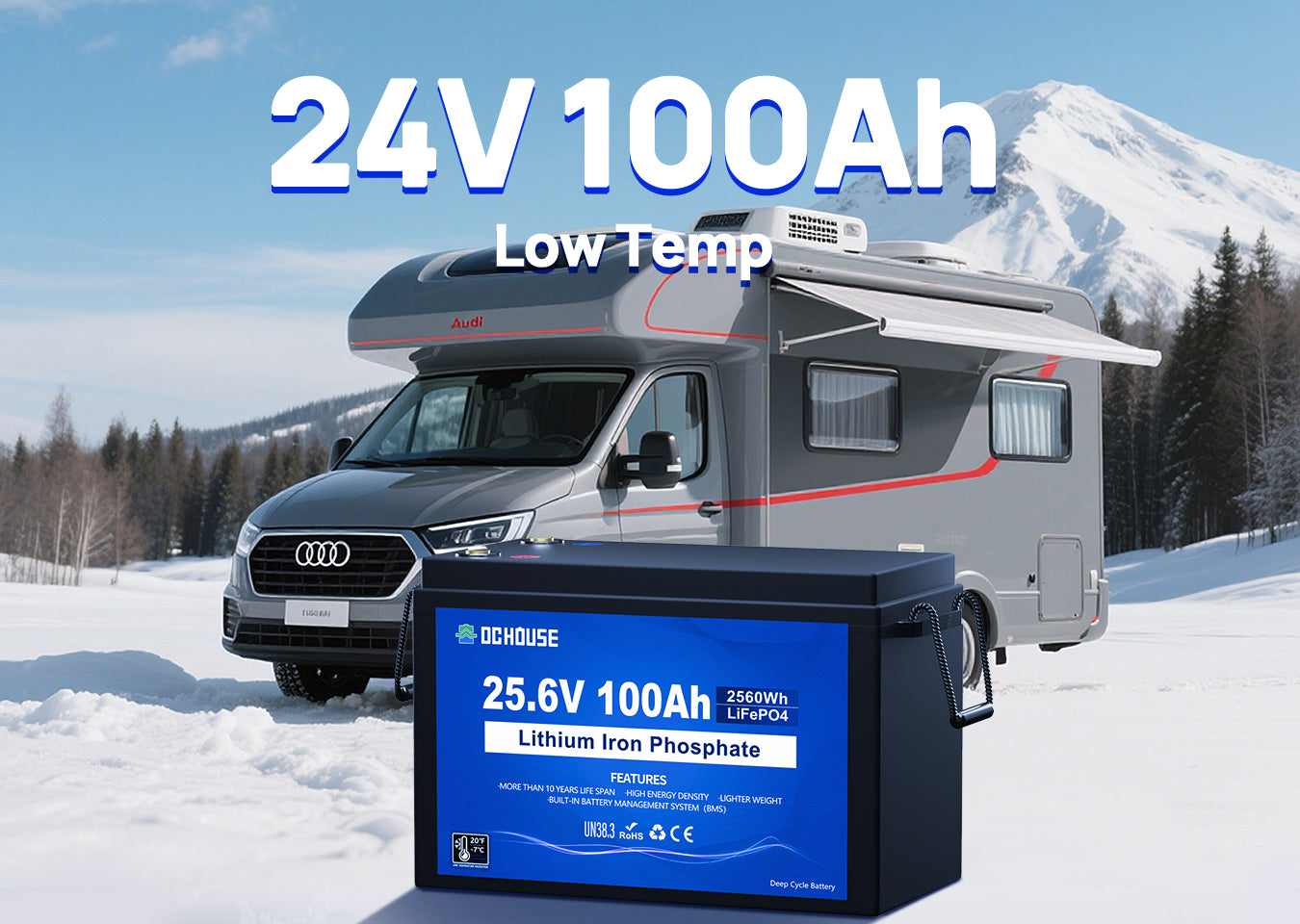 24V 100Ah LiFePO4 battery offering high voltage output, ideal for RVs, solar systems, and energy storage applications requiring stable and efficient power.
