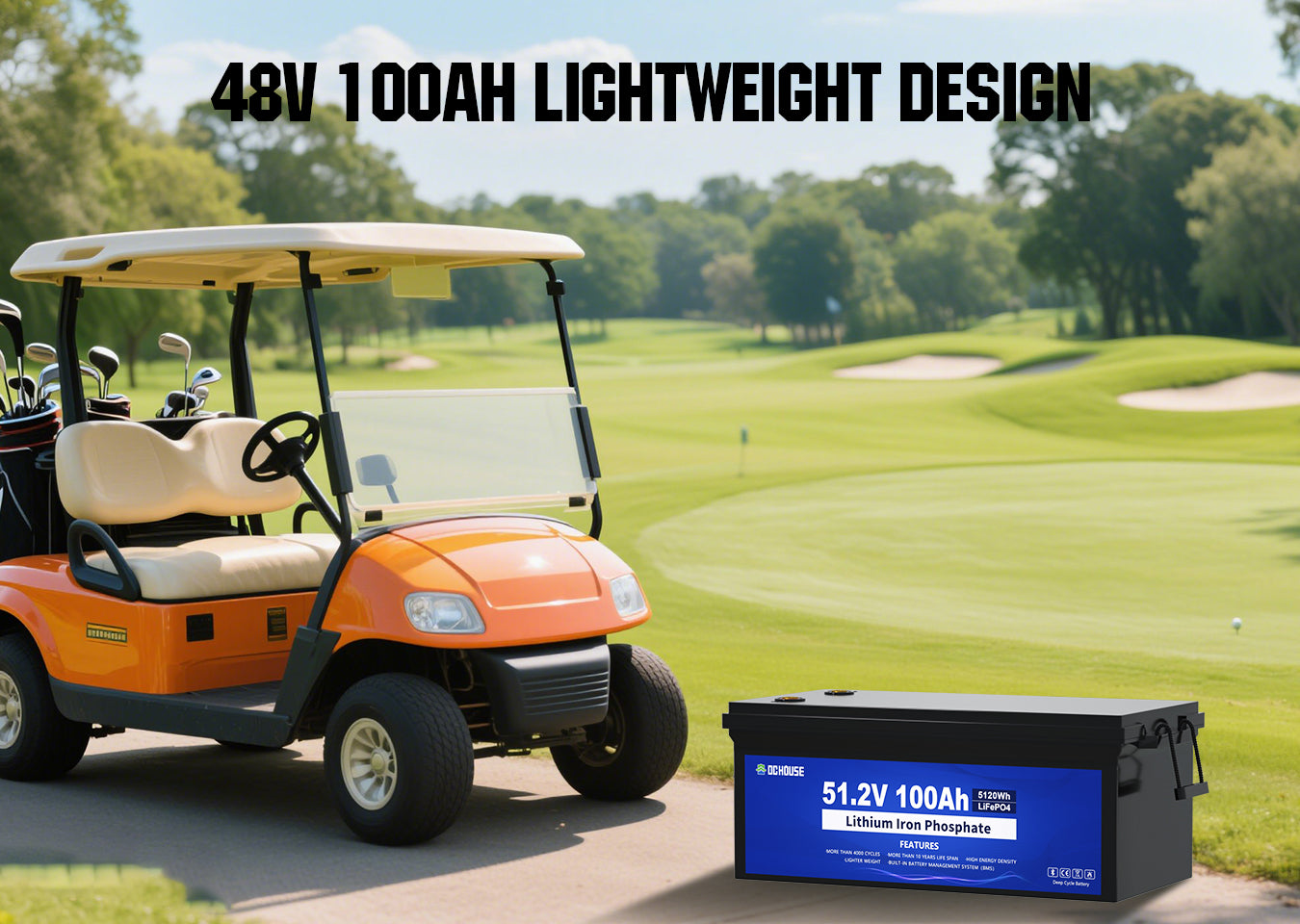 48V 100Ah LiFePO4 golf cart battery with 200A continuous current, Bluetooth, LCD monitor, Grade A cells, and 700A peak output