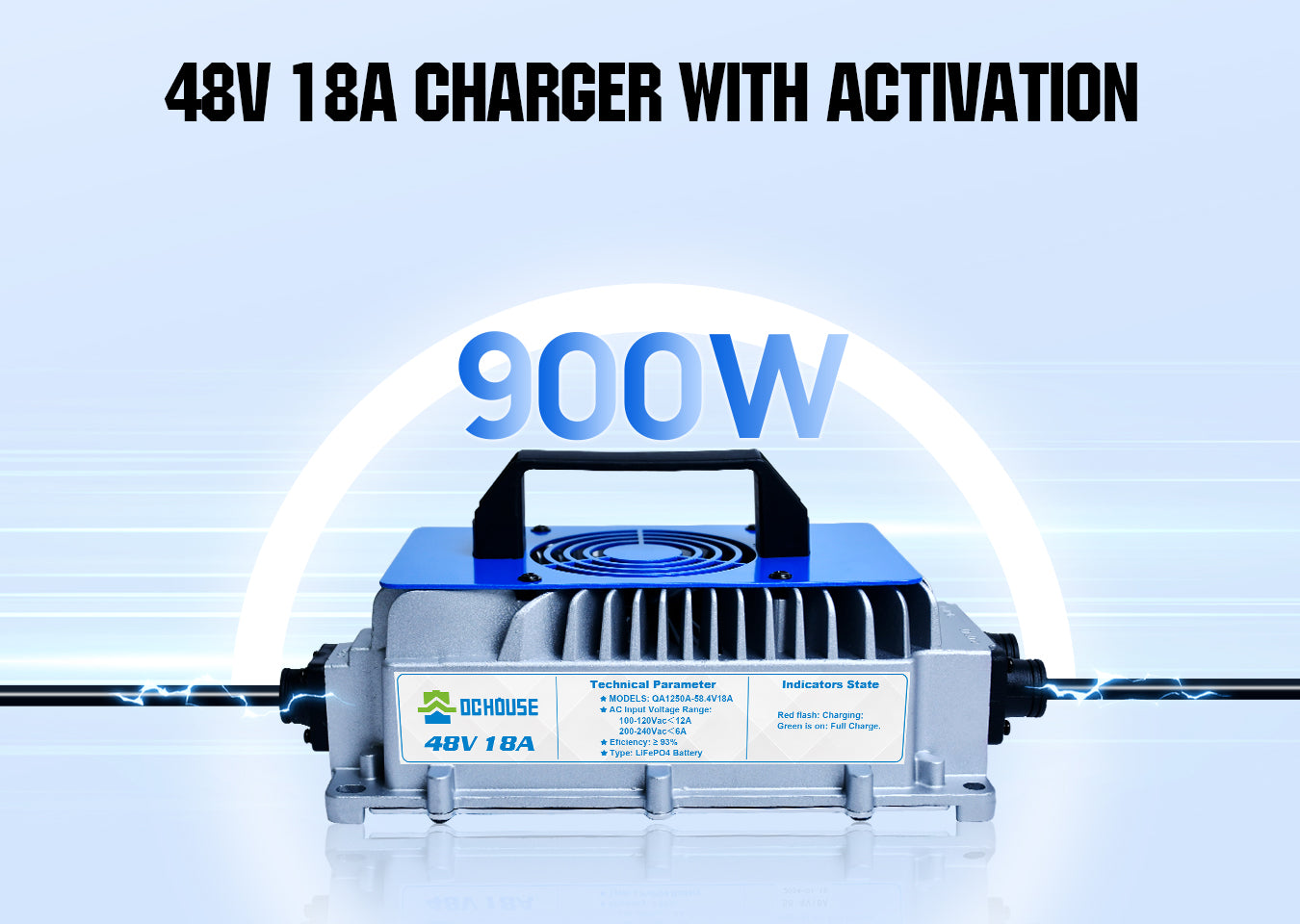 48V 18A lithium battery charger with lithium activation, IP65 rating, drop-proof, shock-proof, and explosion-proof features
