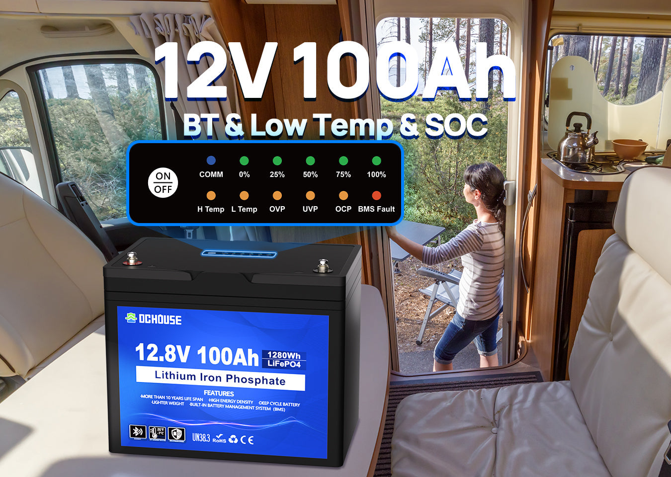12V 100Ah LiFePO4 battery featuring low-temperature heating, Bluetooth monitoring, and SOC (State of Charge) indicator panel for real-time battery status.