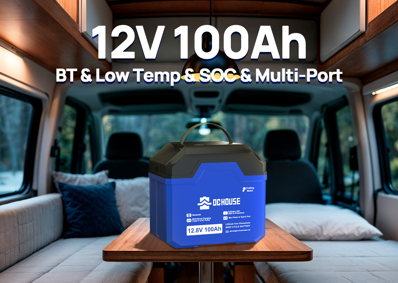 12V 100Ah LiFePO4 battery with low-temperature heating, Bluetooth monitoring, and multiple output interfaces, perfect for versatile RV and outdoor applications.