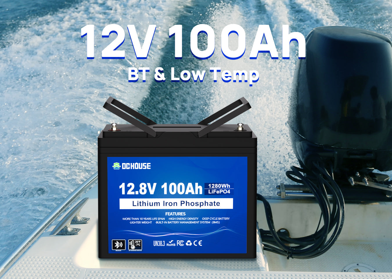 12V 100AH LiFePO4 battery with low temperature protection and Bluetooth, ideal for cold-weather trolling motor use