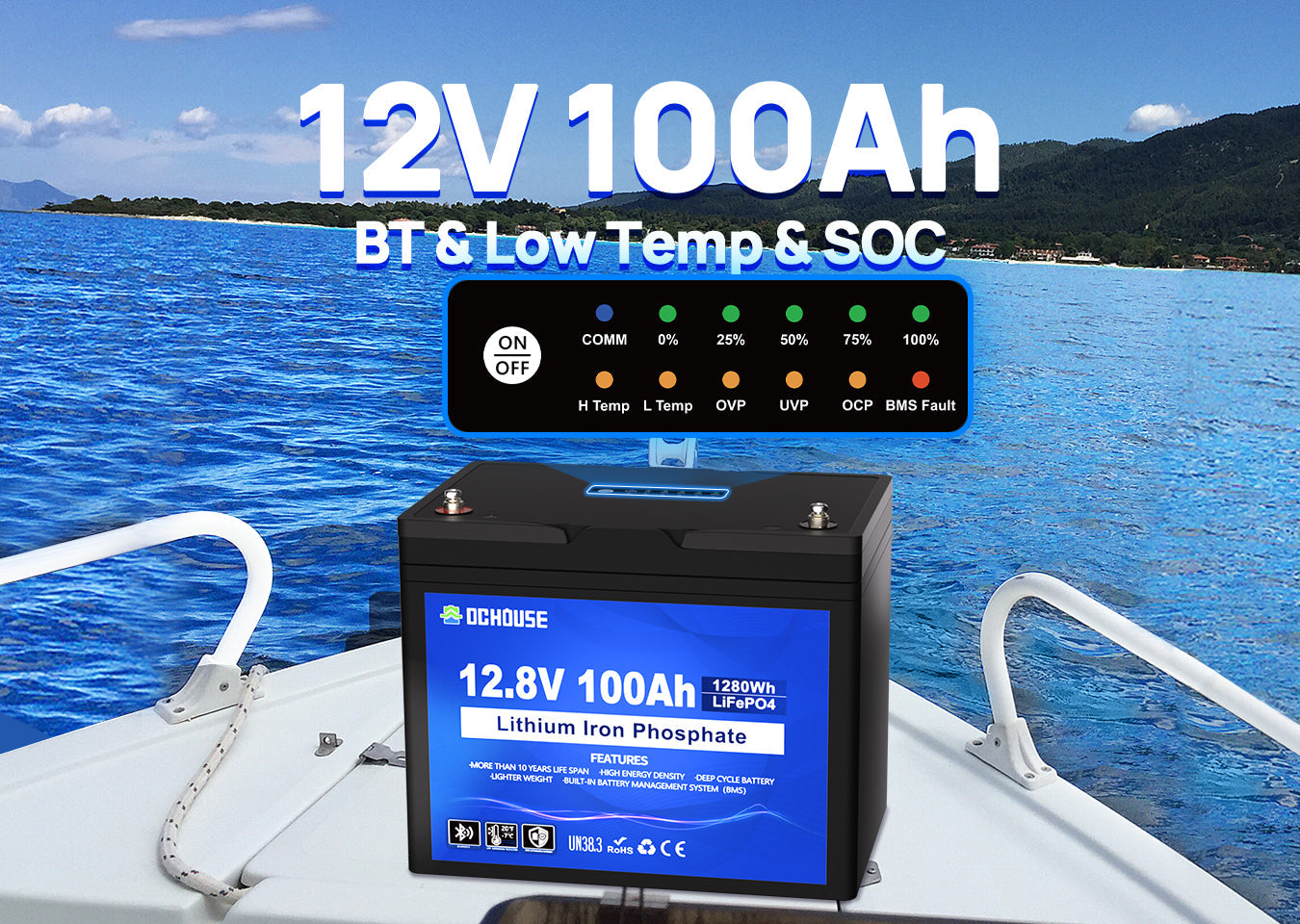 12V 100Ah LiFePO4 battery featuring low-temperature heating, Bluetooth monitoring, and SOC (State of Charge) indicator panel for real-time battery status.