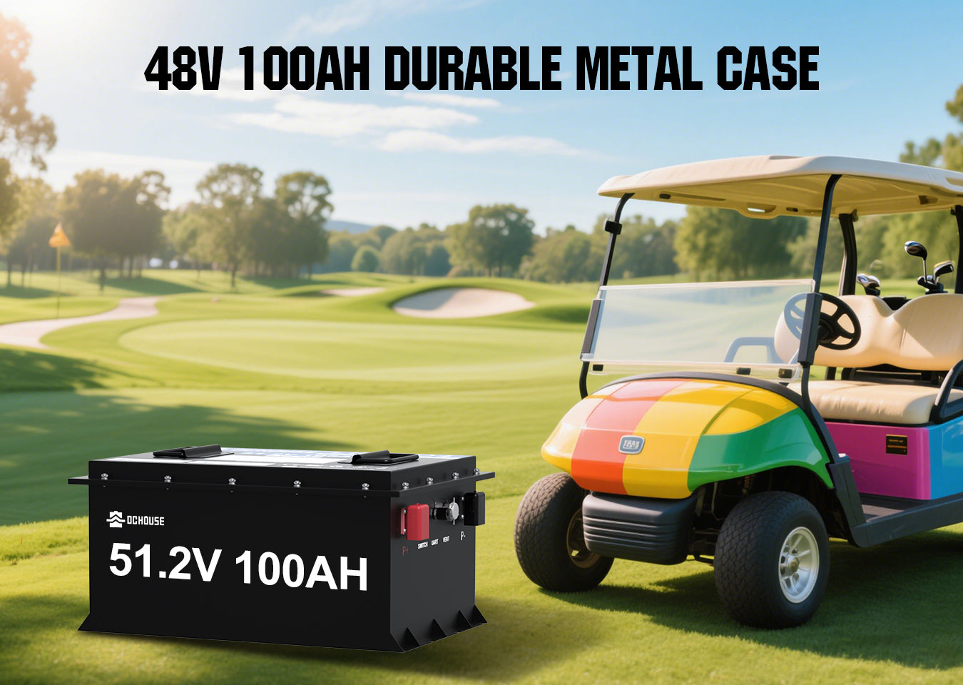 48V 100Ah LiFePO4 golf cart battery with 2C discharge rate, 200A continuous current, metal case, Bluetooth, LCD display, and 1000A peak power
