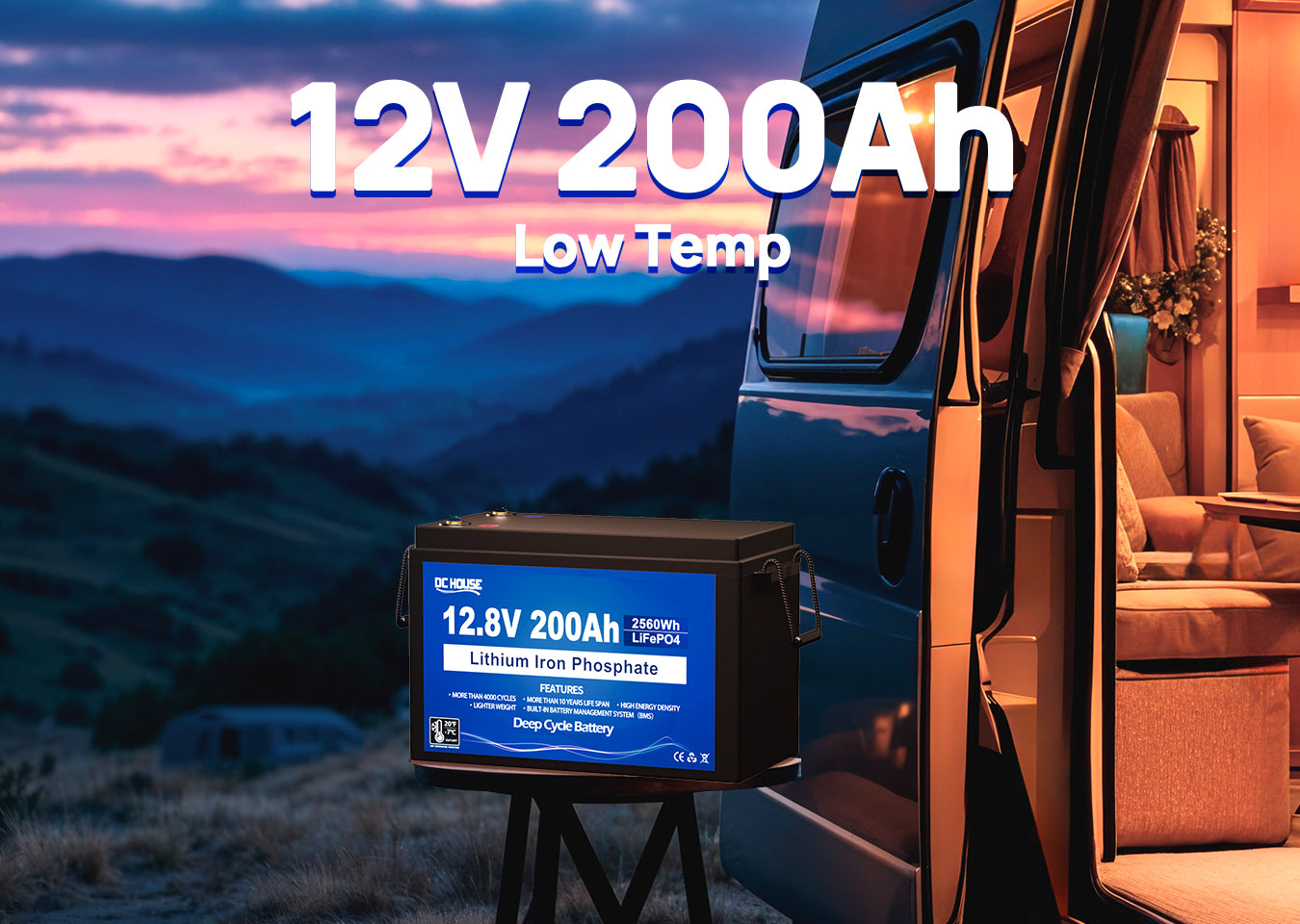 12V 200Ah LiFePO4 battery with high capacity, ideal for RV, solar energy storage, and off-grid applications.